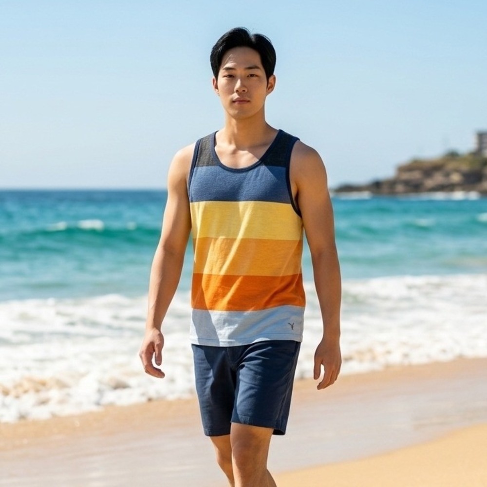 American Eagle M Athletic Fit Tank Top Multicolor Stripe Vacation Beach Surfer